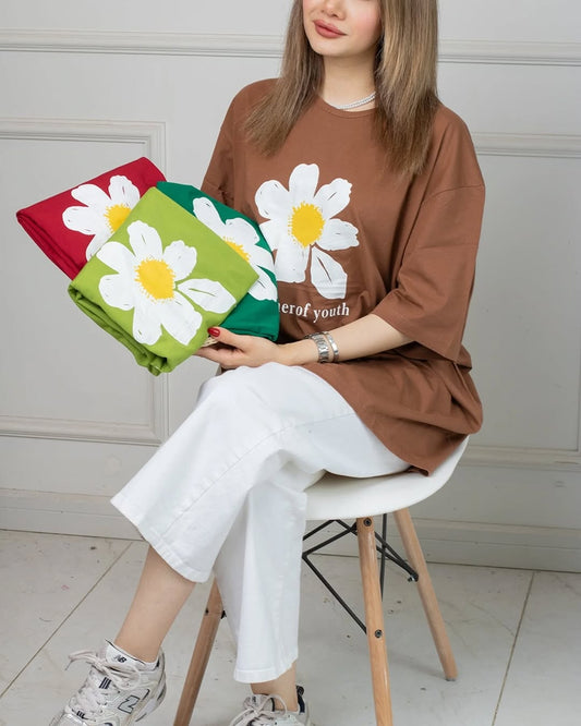 Sun Flower Printed Drop Shoulder Tees