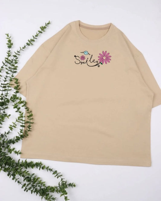 Smiley Flowers Printed Drop Shoulder Tees