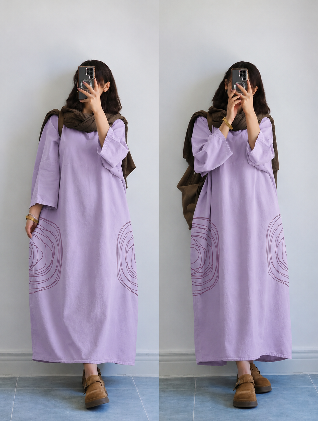 Premium Women's Linen Maxi Dress with Round Embroidery Relaxed Fit