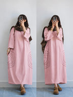 Premium Women's Linen Maxi Dress with Round Embroidery Relaxed Fit