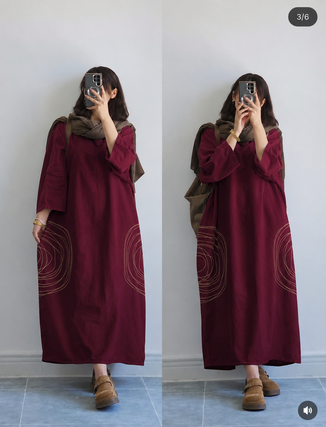 Premium Women's Linen Maxi Dress with Round Embroidery Relaxed Fit