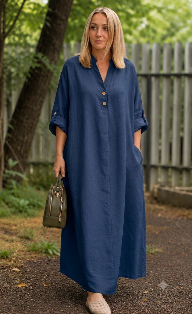 Premium Women's Linen Maxi Dress Relaxed Fit Button Front Long Dress