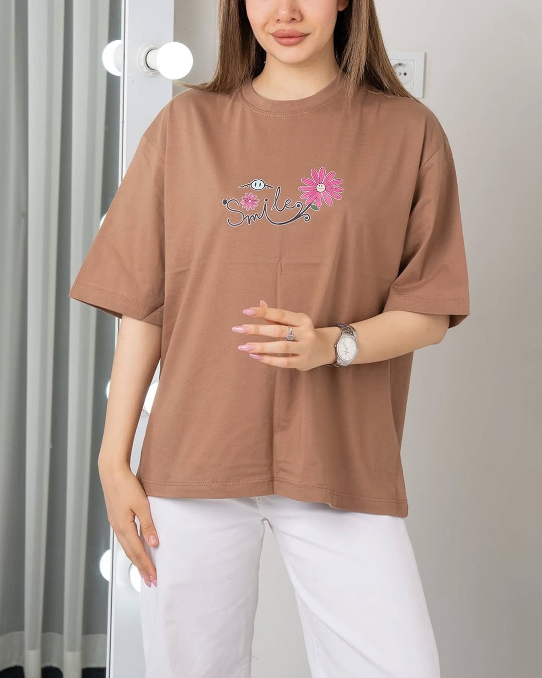 Smiley Flowers Printed Drop Shoulder Tees