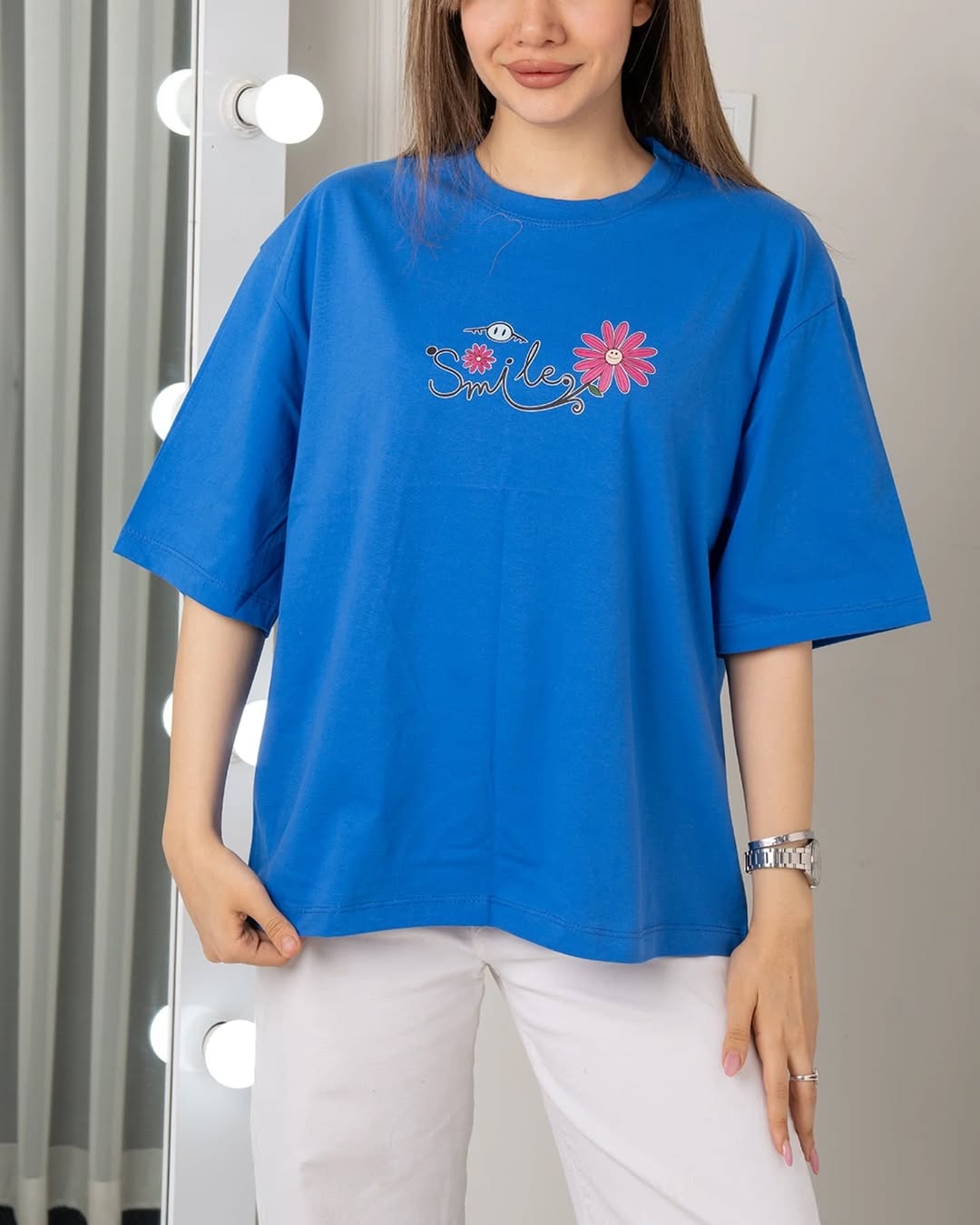 Smiley Flowers Printed Drop Shoulder Tees