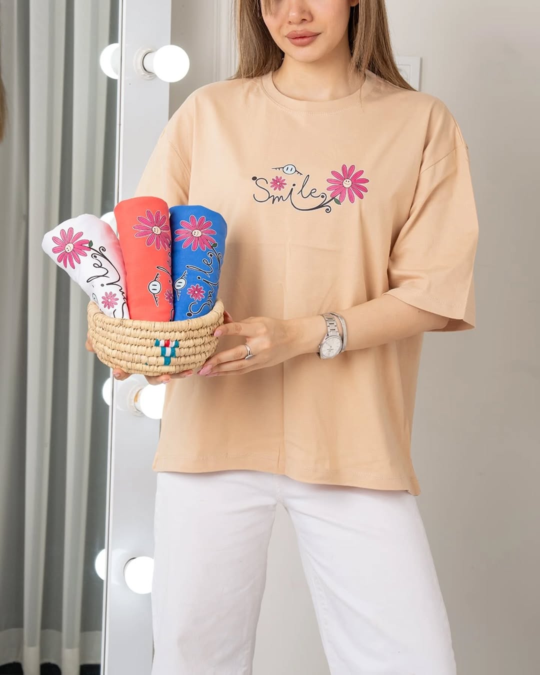 Smiley Flowers Printed Drop Shoulder Tees