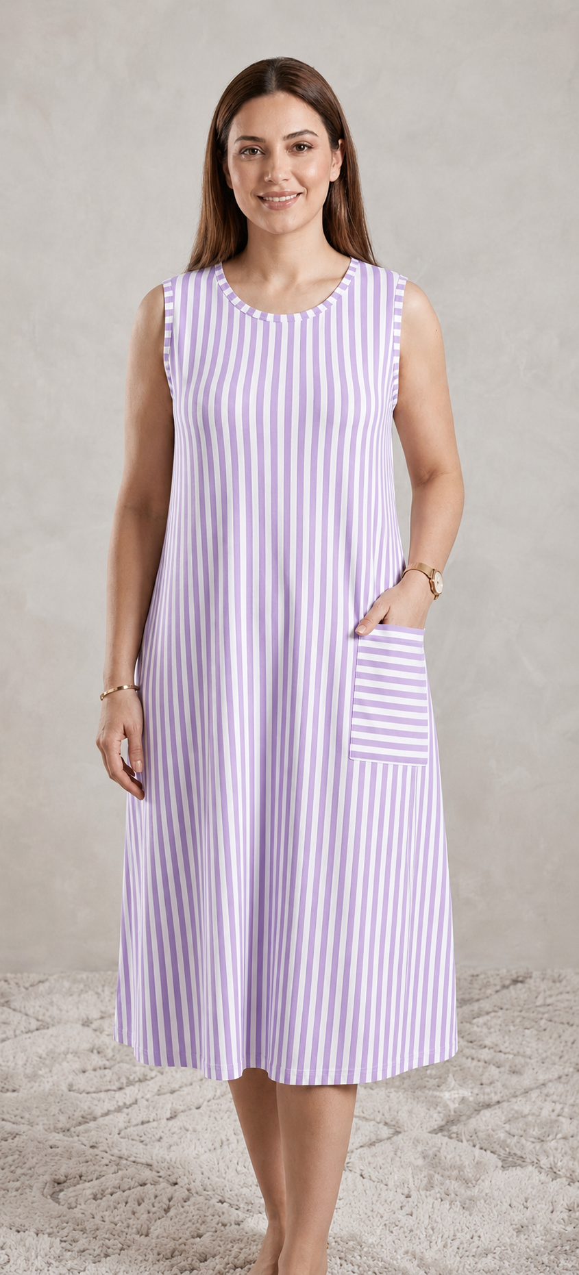 Premium Vertical Stripe Sleeveless Nighty with Pocket