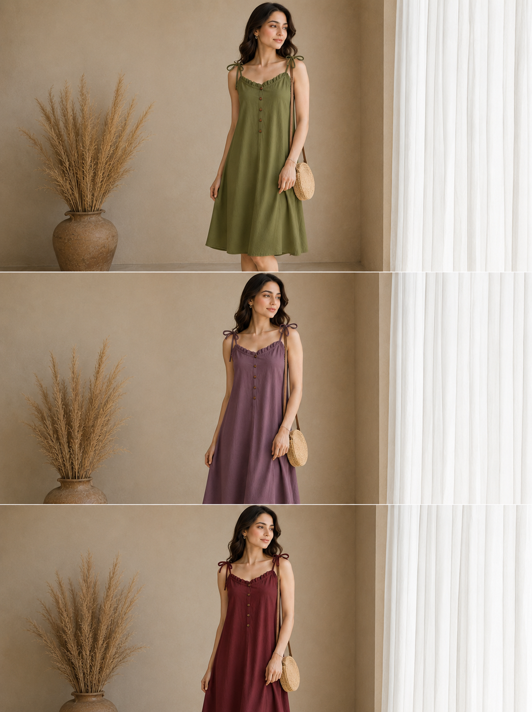 Soft Linen Tie-Shoulder Button Front Maxi Knee Length Dress