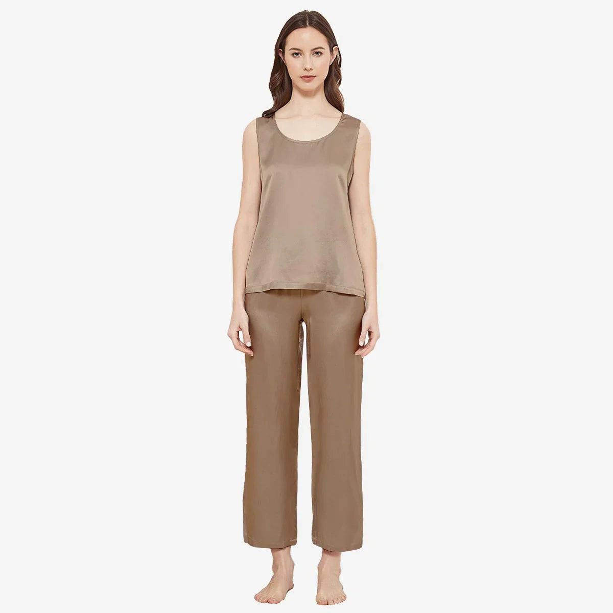 SILK TOP & PAJAMA SET - LIGHT COFFEE