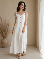 Soft Linen Tie-Shoulder Button Front Maxi Ankle Length Dress