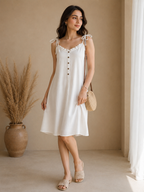 Soft Linen Tie-Shoulder Button Front Maxi Knee Length Dress