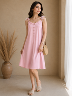 Soft Linen Tie-Shoulder Button Front Maxi Knee Length Dress