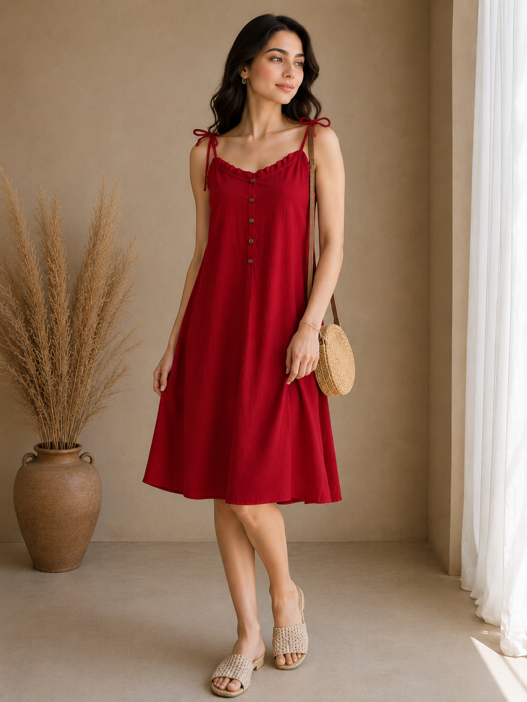 Soft Linen Tie-Shoulder Button Front Maxi Knee Length Dress