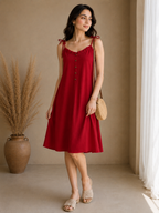 Soft Linen Tie-Shoulder Button Front Maxi Knee Length Dress