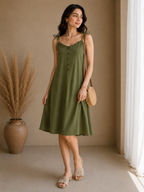 Soft Linen Tie-Shoulder Button Front Maxi Knee Length Dress