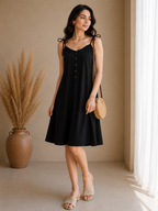Soft Linen Tie-Shoulder Button Front Maxi Knee Length Dress