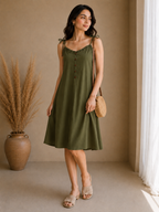 Soft Linen Tie-Shoulder Button Front Maxi Knee Length Dress