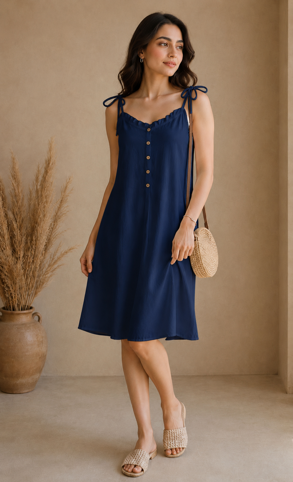 Soft Linen Tie-Shoulder Button Front Maxi Knee Length Dress