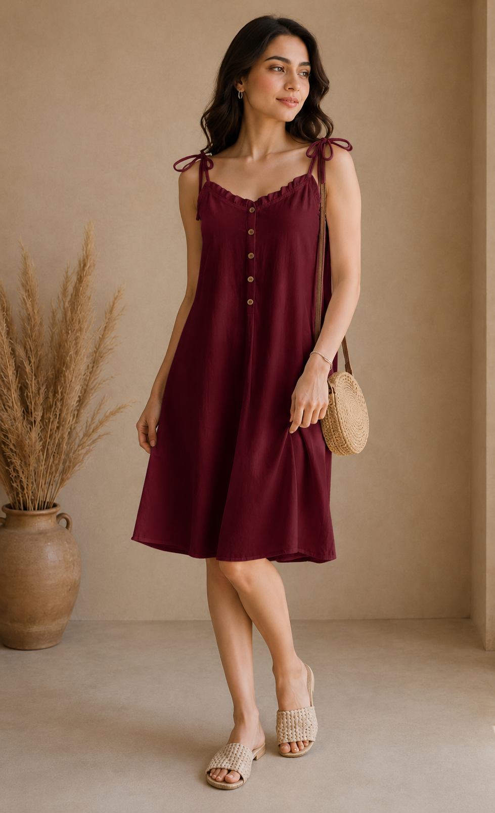 Soft Linen Tie-Shoulder Button Front Maxi Knee Length Dress