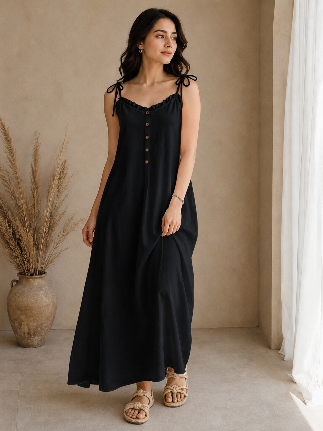 Soft Linen Tie-Shoulder Button Front Maxi Ankle Length Dress