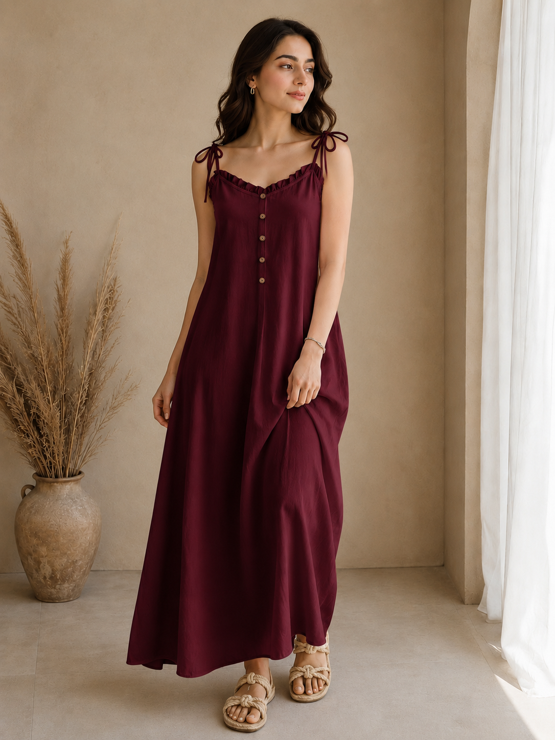 Soft Linen Tie-Shoulder Button Front Maxi Ankle Length Dress
