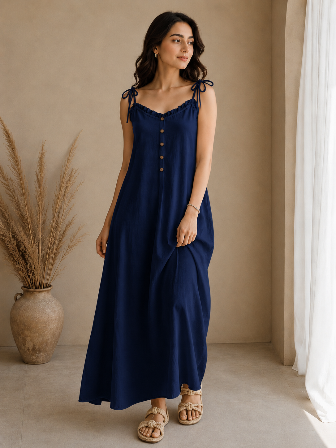 Soft Linen Tie-Shoulder Button Front Maxi Ankle Length Dress