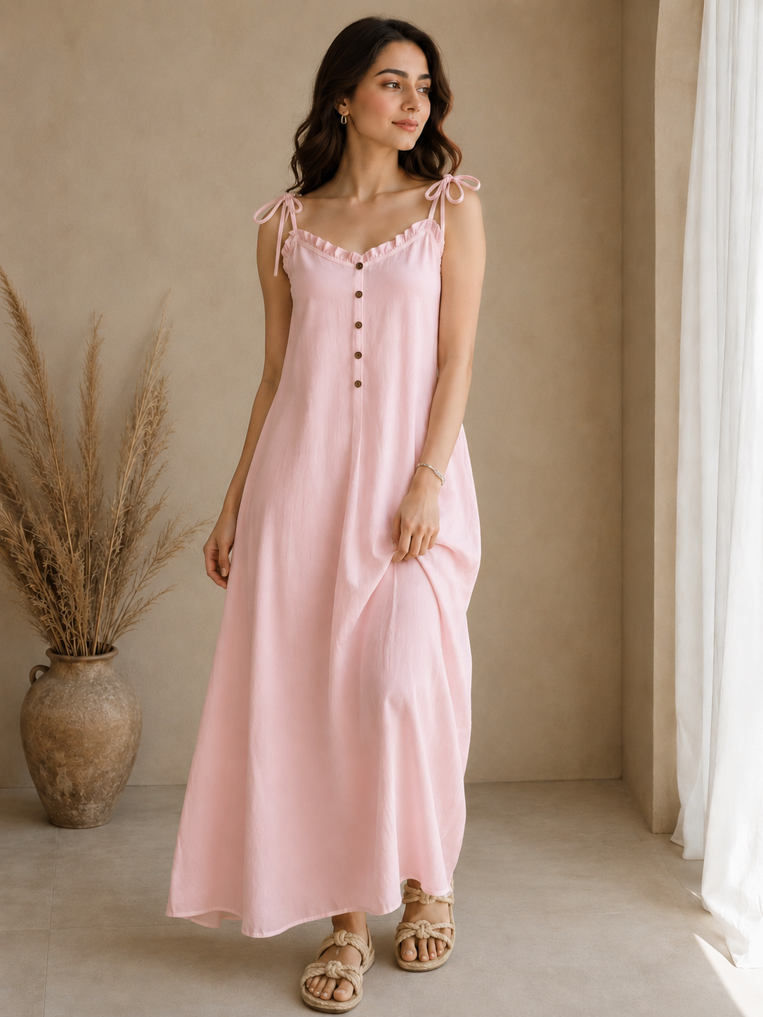 Soft Linen Tie-Shoulder Button Front Maxi Ankle Length Dress