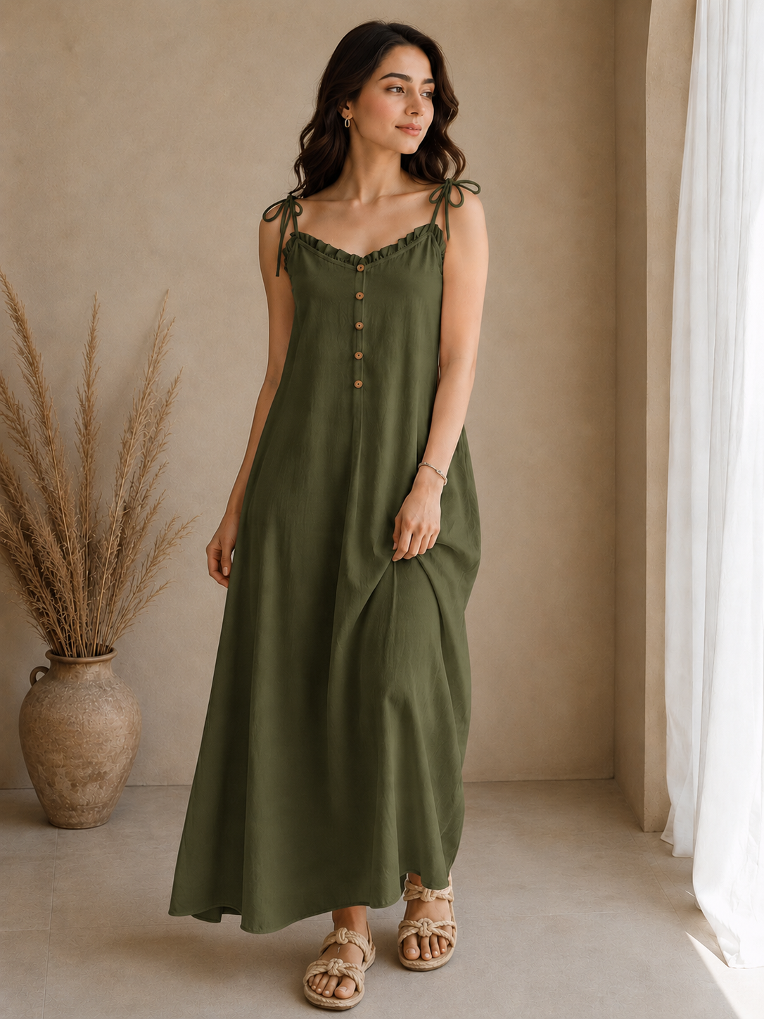 Soft Linen Tie-Shoulder Button Front Maxi Ankle Length Dress