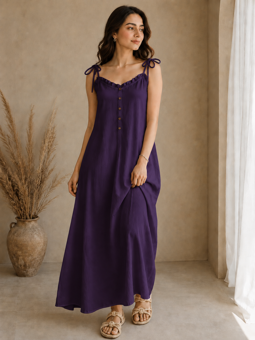 Soft Linen Tie-Shoulder Button Front Maxi Ankle Length Dress