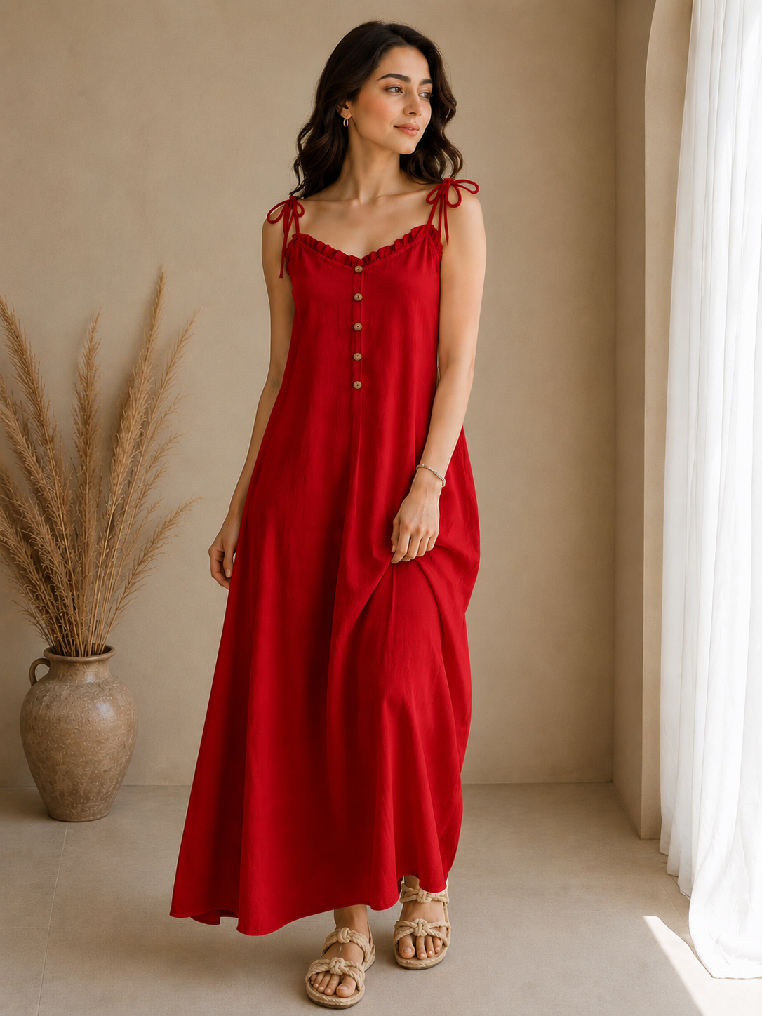 Soft Linen Tie-Shoulder Button Front Maxi Ankle Length Dress