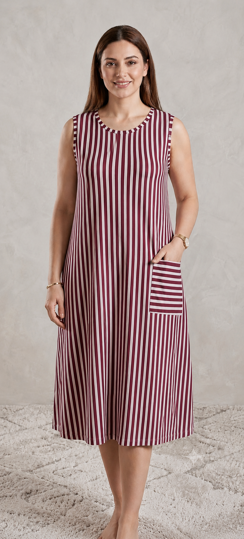 Premium Vertical Stripe Sleeveless Nighty with Pocket