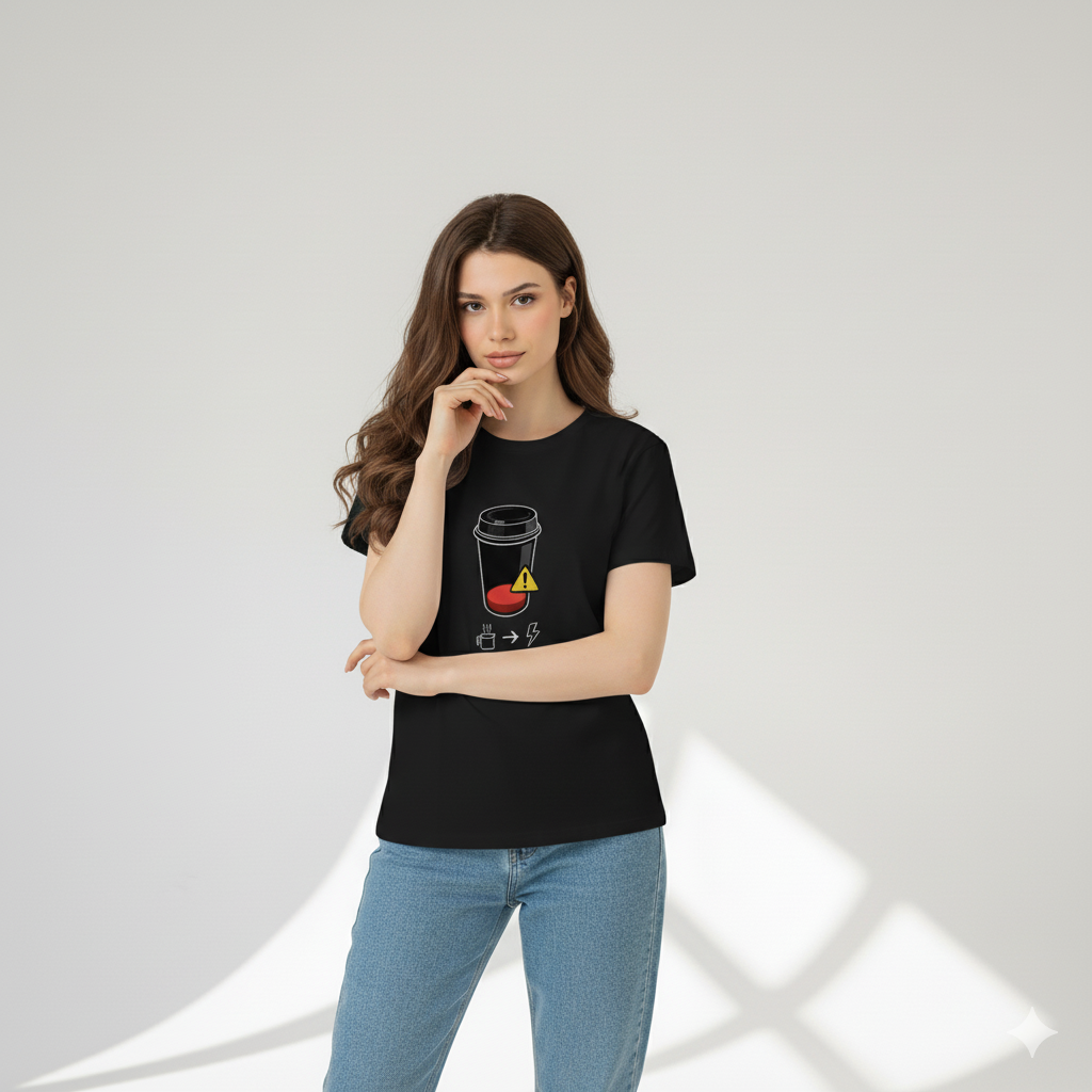 LOW BATTERY NEED COFFEE PRINTED  BASIC TEES