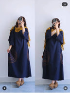 Premium Women's Linen Maxi Dress with Round Embroidery Relaxed Fit
