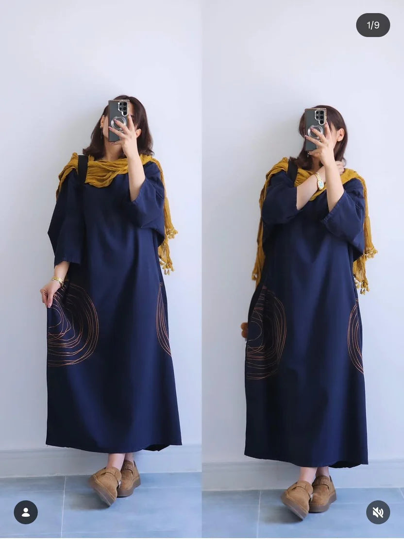 Premium Women's Linen Maxi Dress with Round Embroidery Relaxed Fit