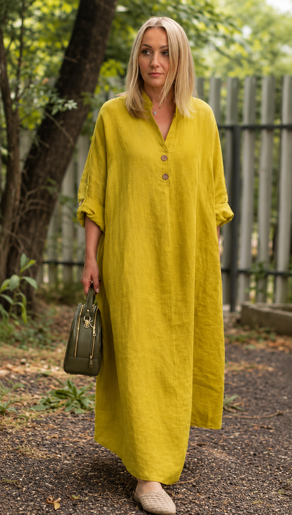 Premium Women's Linen Maxi Dress Relaxed Fit Button Front Long Dress