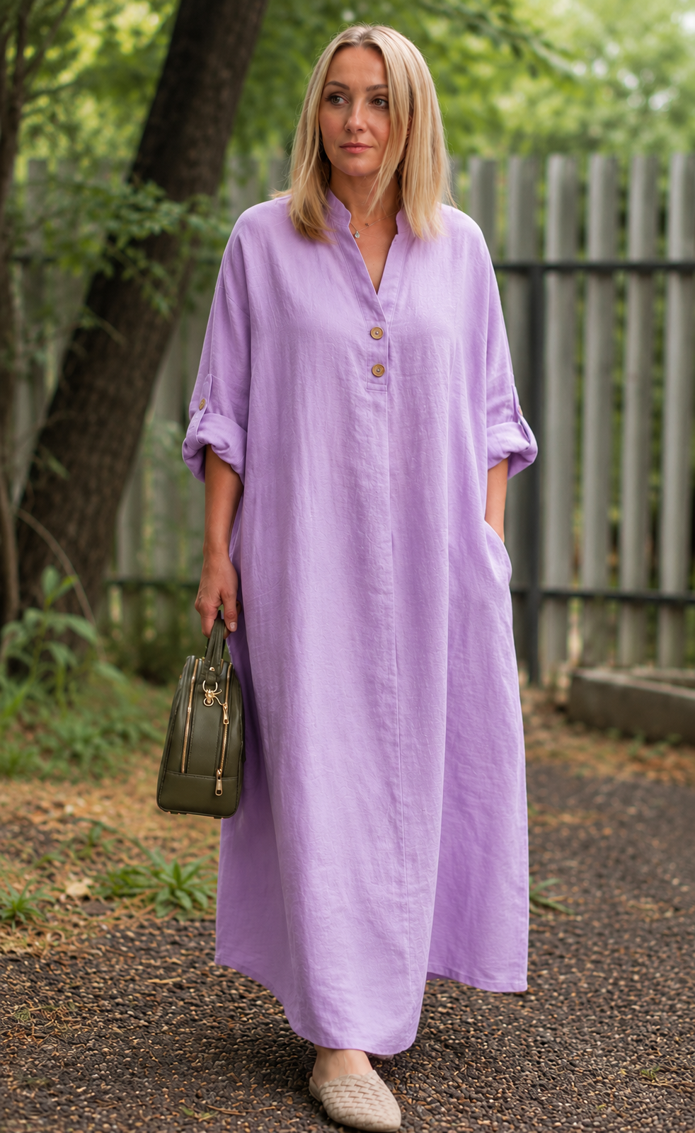 Premium Women's Linen Maxi Dress Relaxed Fit Button Front Long Dress