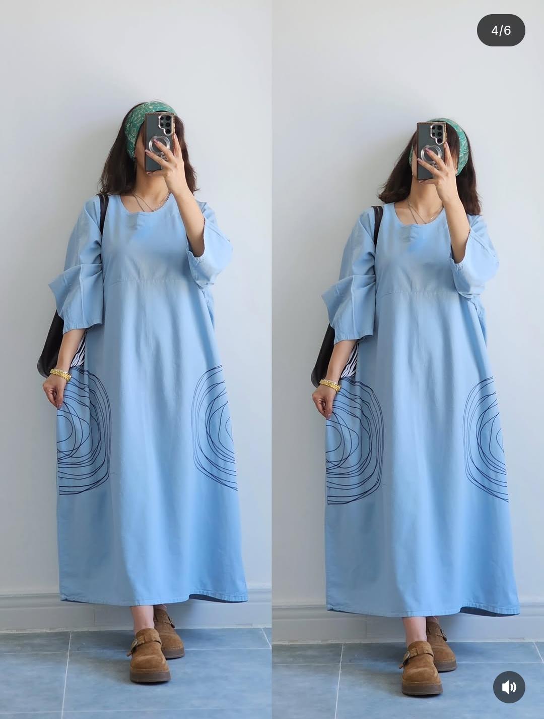 Premium Women's Linen Maxi Dress with Round Embroidery Relaxed Fit