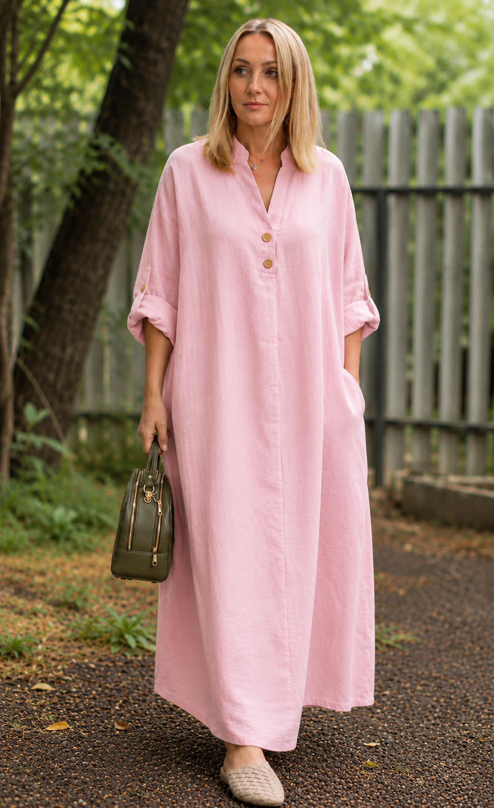 Premium Women's Linen Maxi Dress Relaxed Fit Button Front Long Dress