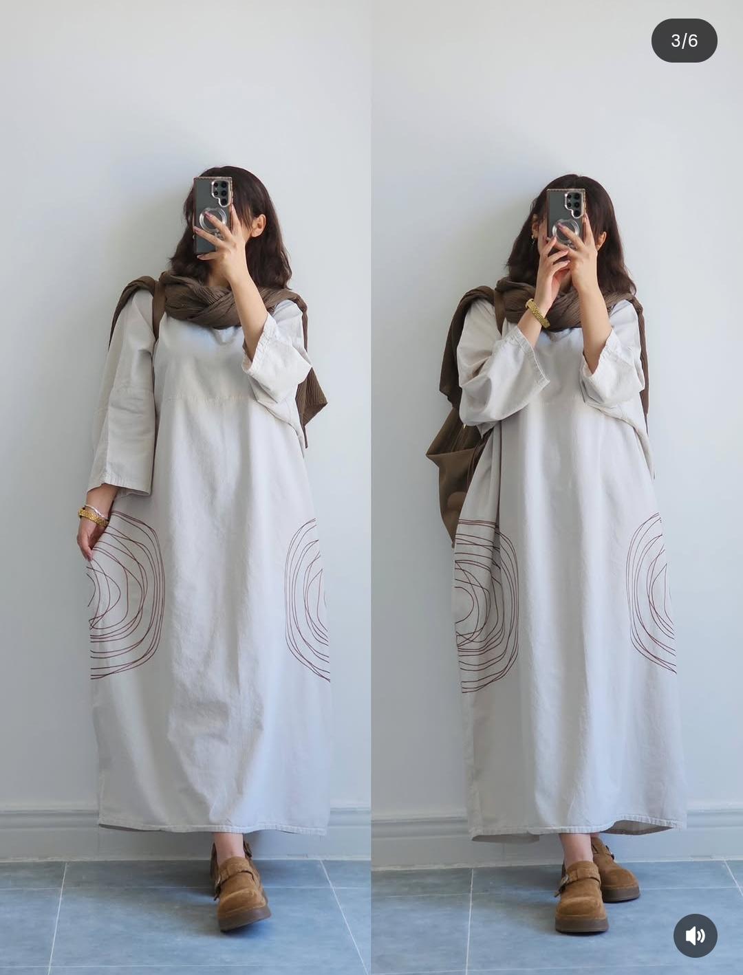 Premium Women's Linen Maxi Dress with Round Embroidery Relaxed Fit
