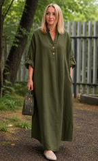 Premium Women's Linen Maxi Dress Relaxed Fit Button Front Long Dress