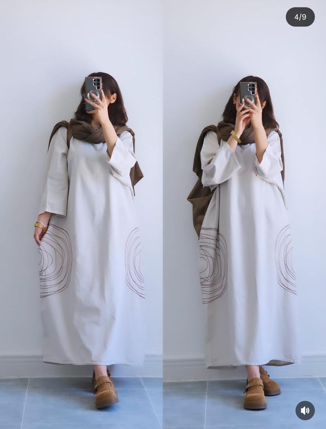 Premium Women's Linen Maxi Dress with Round Embroidery Relaxed Fit