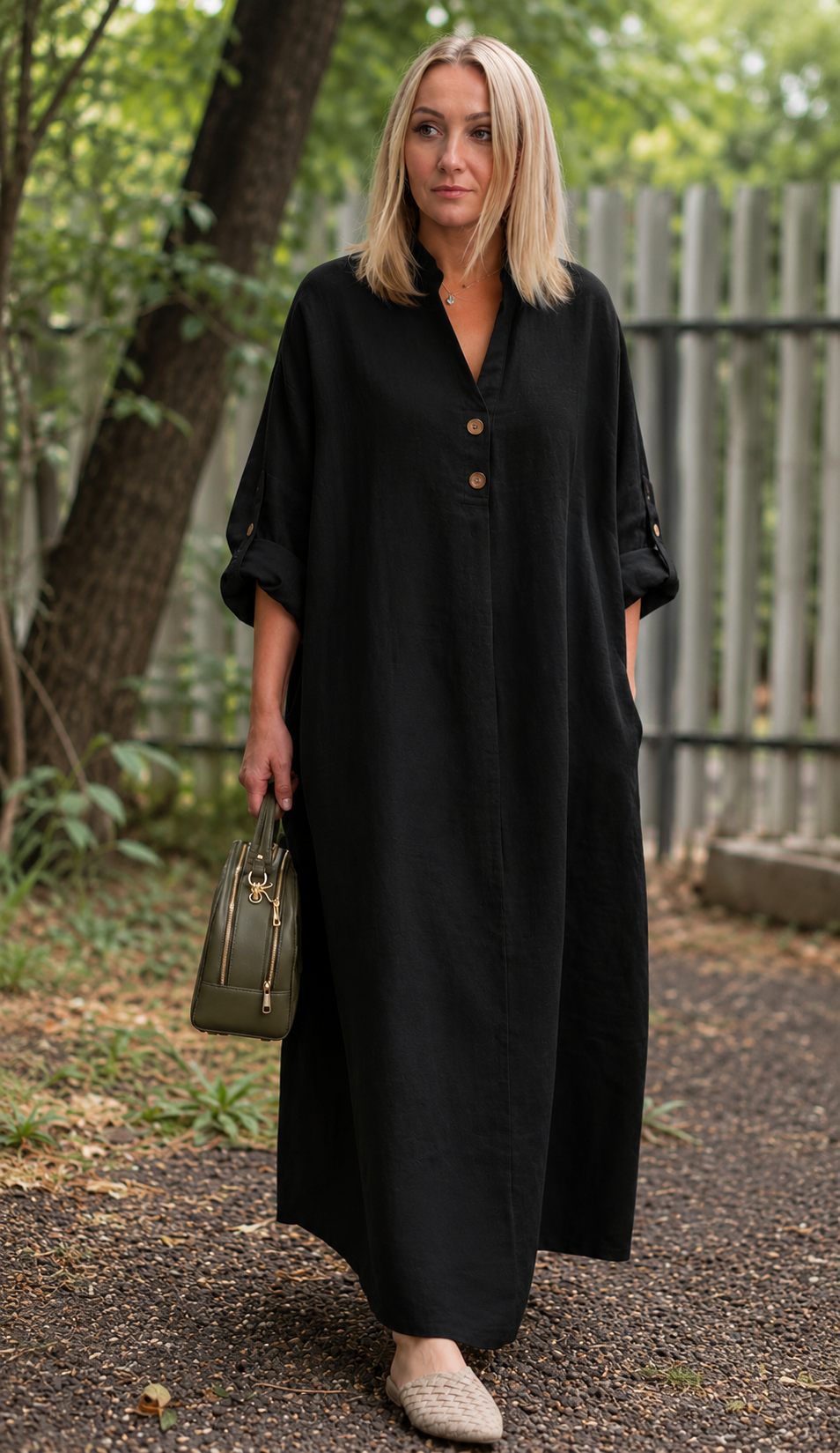 Premium Women's Linen Maxi Dress Relaxed Fit Button Front Long Dress