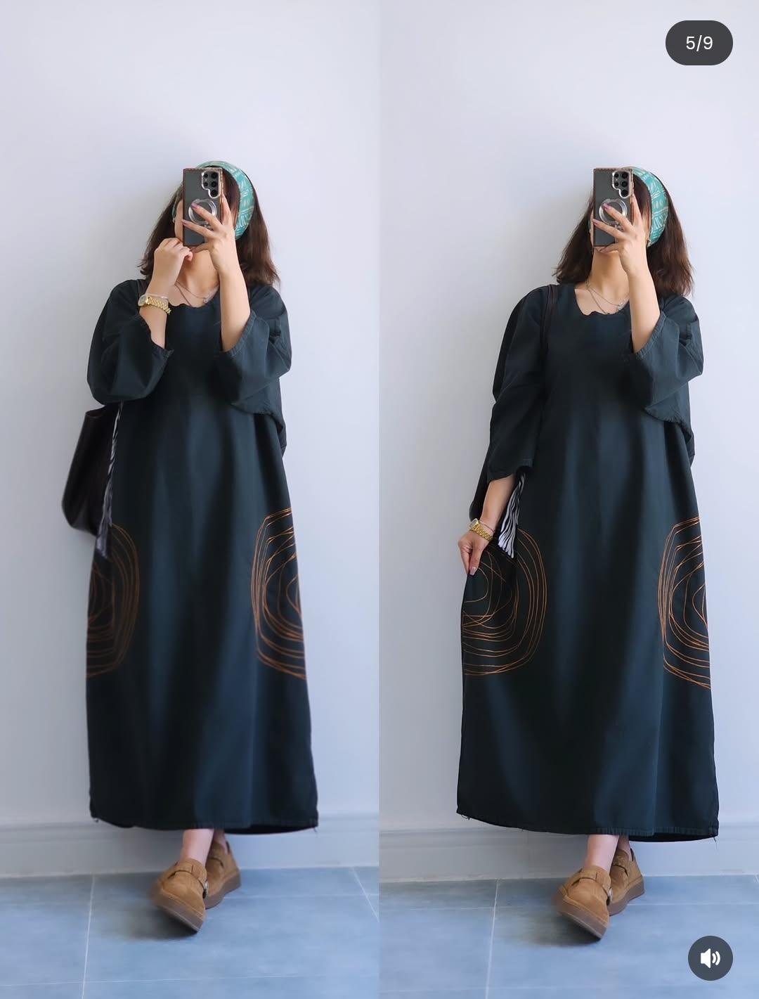 Premium Women's Linen Maxi Dress with Round Embroidery Relaxed Fit