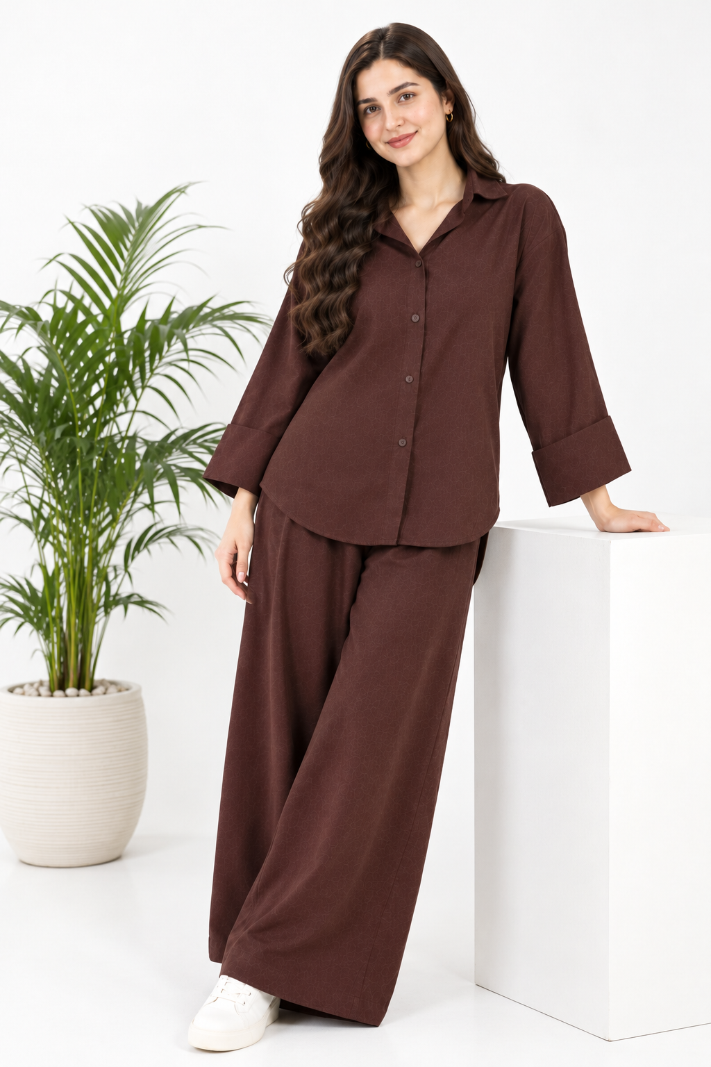 Plain Barbary Mocha Button Co-ord Set -BV1019