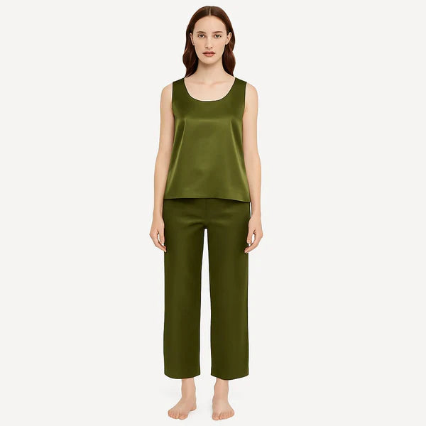 SILK TOP & PAJAMA SET - OLIVE