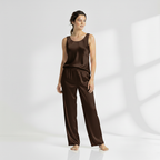 SILK TOP & PAJAMA SET - BROWN