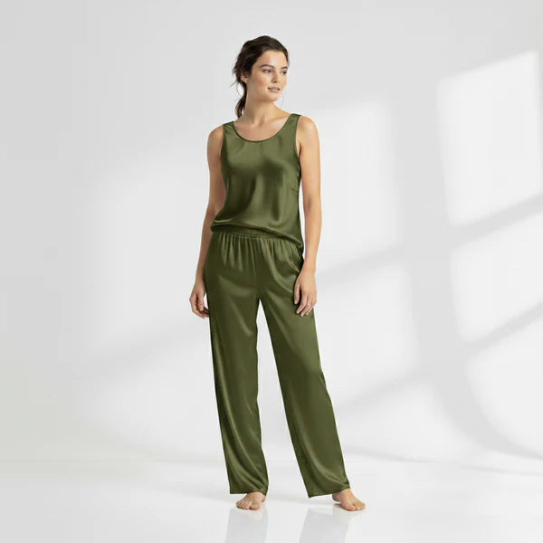 SILK TOP & PAJAMA SET - OLIVE