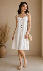 Soft Linen Tie-Shoulder Button Front Maxi Knee Length Dress
