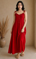 Soft Linen Tie-Shoulder Button Front Maxi Ankle Length Dress
