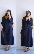 Premium Women's Linen Maxi Dress with Round Embroidery Relaxed Fit