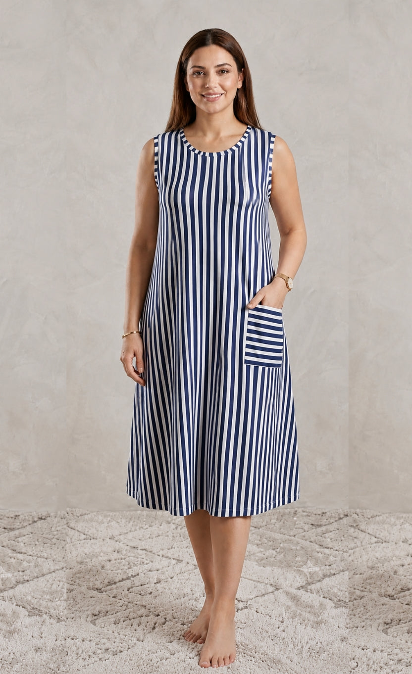 Premium Vertical Stripe Sleeveless Nighty with Pocket
